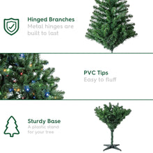 Artificial Christmas tree with hinged branches and pre-lit color LEDs, on stand