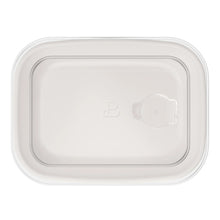 Taupe stoneware container lid top with clear vented center, close-up