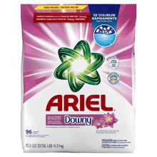 Laundry detergent powder bag with ARIEL and Downy, green emblem and floral accent