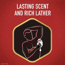 Body wash marketing card with black silhouette and white lather foam icon
