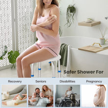 Bath and shower stool with round seat and blue anti-slip feet, safer seated support