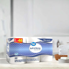 Toilet paper mega rolls pack with Soft & Strong branding and folded towels