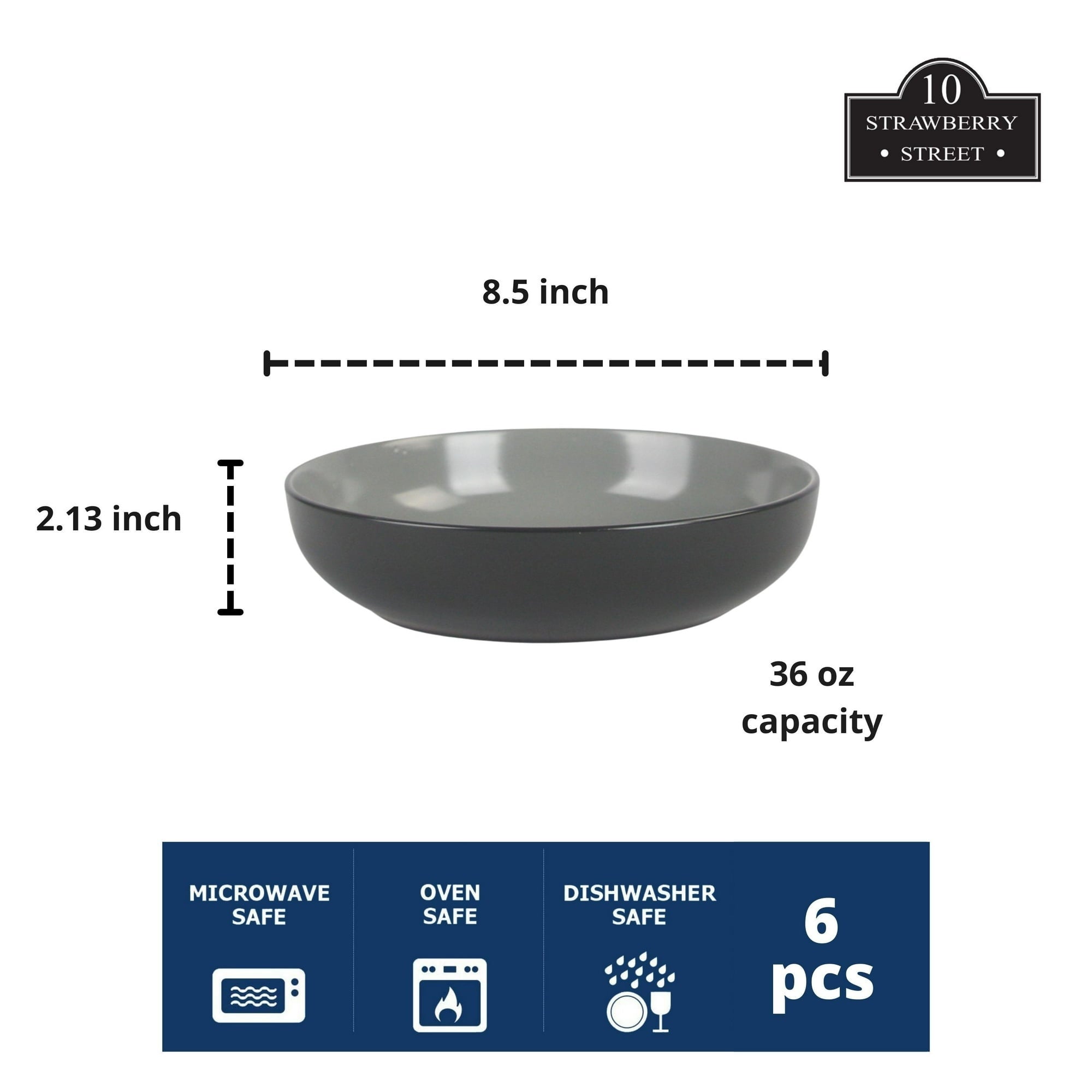 10 Strawberry Street Two Tone Coupe 8.5”/36 Oz. Dinner Bowl Set Of 6, Black/Gray