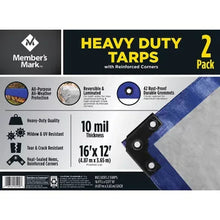 Heavy-duty blue tarps with reinforced corners, grommets, 16x12, 2-pack
