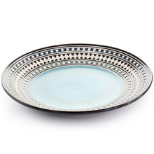 Blue sage stoneware dinner plate with round light blue center and detailed geometric border