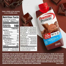 Premier Protein chocolate shake carton with nutrition panel and 30g protein label