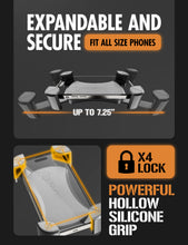 Expandable phone cradle with four locking claws and textured silicone grip pads