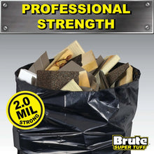 Black 2.0-mil contractor trash bag with contents, Brute Super Tuff logo