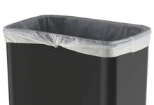 Black trash can with liner bag at the top and open mouth under the lid