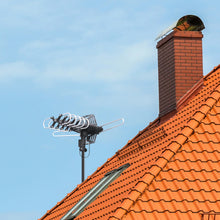 Motorized outdoor TV antenna on a rooftop, mounted on a vertical pole