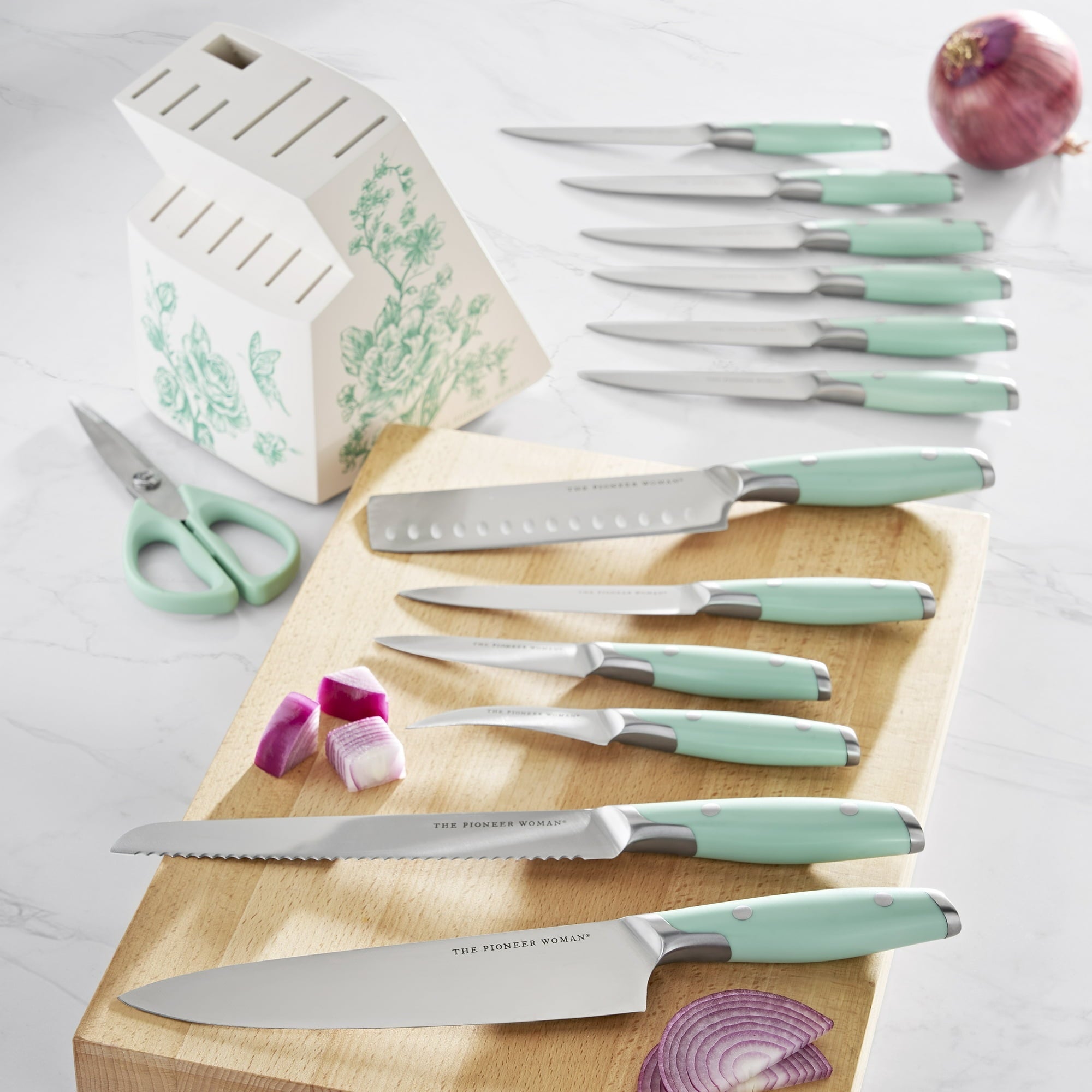 The Pioneer Woman 14 Pieces Knife Set with Decal Block Stainless Steel Knives, Forged, Green Agatha