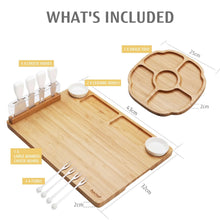 Bamboo cheese board and round snack tray set with included tool layout and size markings
