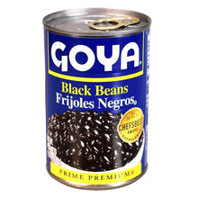 Canned black beans with GOYA label, blue front panel and pull-tab lid