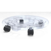 Clear round plant caddy with black caster wheels, side view