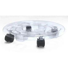 Clear round plant caddy tray with black caster wheels