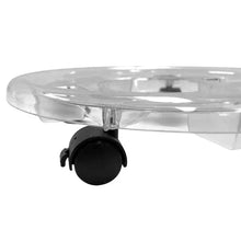 Clear plant caddy with central support and black caster wheel base