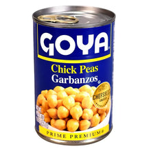 GOYA chick peas garbanzos canned food, front label with chick peas illustration