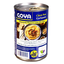 GOYA chick peas garbanzos can, back label with hummus recipe text