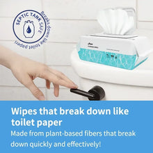 Flushable wipes pack with white lid and aqua wave panel beside toilet