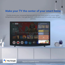 TV smart home control screen with Hey Google prompt and device tiles