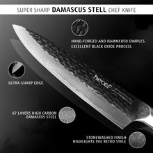 Damascus chef knife with hammered dark-pattern blade and stonewashed finish