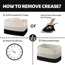 Woven storage basket, cream with dark base, shown for crease removal