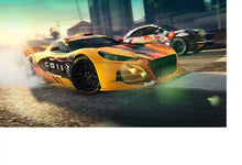 Racing scene with colorful sports cars speeding through a dusty street