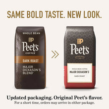 Two whole bean coffee bags, dark roast, Peet's packaging with blend label
