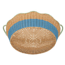 Two-tone rattan drink basket top view with tan base, blue sides, and green rope handles