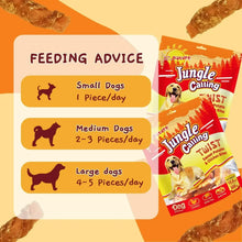 Feeding advice panel showing dog treat package and chew pieces