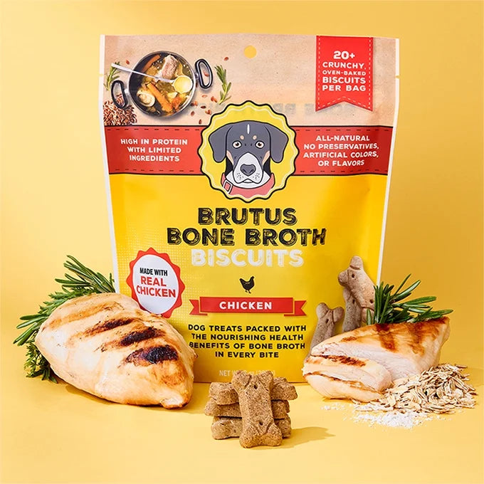 Brutus Bone Broth Biscuits (Chicken) - Healthy Dog Treats -Pet Food Topper - Natural Dog Biscuits with Dog Bone Broth and Real Chicken Meat - 18 Grams of Protein - 8 OZ