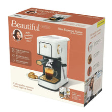 Slim espresso maker retail box with pictured machine and portafilter handle