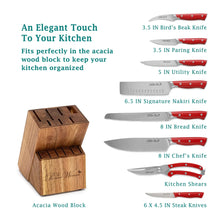 Red-handled knife block set with acacia wood stand and assorted kitchen knives