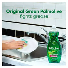 Palmolive Ultra Strength dishwashing liquid bottle beside a sink and sponge