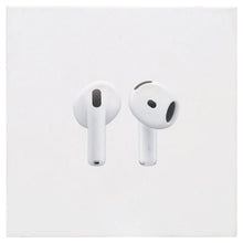 Apple AirPods 4 wireless earbuds on retail box, white with black speaker grilles