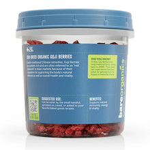 Sun-dried goji berries tub showing benefits and suggested use on back label