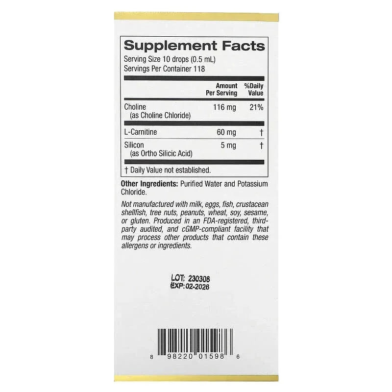 California Gold Nutrition, Choline Silica Complex, Bioavailable & Stabilized Silicon with Choline & L-Carnitine, 1 fl oz (30 ml)