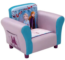 Kids upholstered chair with light pink seat, teal arms, and Frozen II character back