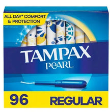 Tampax Pearl regular unscented tampon box front, 96 count