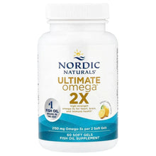 Ultimate Omega 2X fish oil supplement bottle, lemon, 60 soft gels.