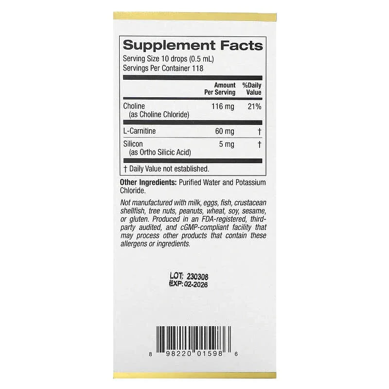 California Gold Nutrition, Choline Silica Complex, Bioavailable & Stabilized Silicon with Choline & L-Carnitine, 1 fl oz (30 ml) - USA MEGA SHOP
