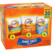 Family Faves variety pack box with Goldfish Colors, Cheddar, and Baby snacks
