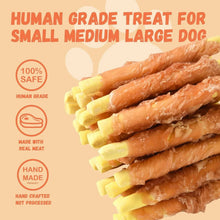 Chicken jerky wrapped pumpkin biscuit dog treats with pale yellow biscuit segments.
