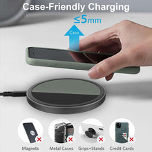 Slim wireless charging pad with phone held over the dark charging surface