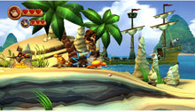 Nintendo Switch platformer game screenshot: beach scene with palm trees and raft in distance