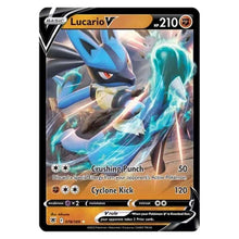 Lucario V trading card with blue energy attack artwork, HP 210