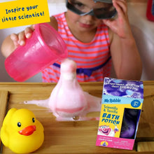 Bath potion play set: child pouring foam color from pink bottle.