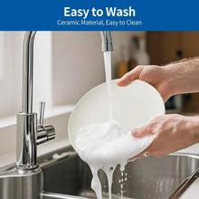 White stoneware bowl being rinsed with running water from a faucet
