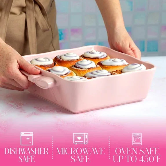 Paris Hilton Ceramic Square Baking & Casserole Dish, 8 x 8 x 2.75 in, Oven Safe to 450°F, Dishwasher & Microwave Safe, Pink with Bow Handles