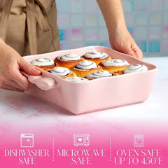Paris Hilton Ceramic Square Baking & Casserole Dish, 8 x 8 x 2.75 in, Oven Safe to 450°F, Dishwasher & Microwave Safe, Pink with Bow Handles